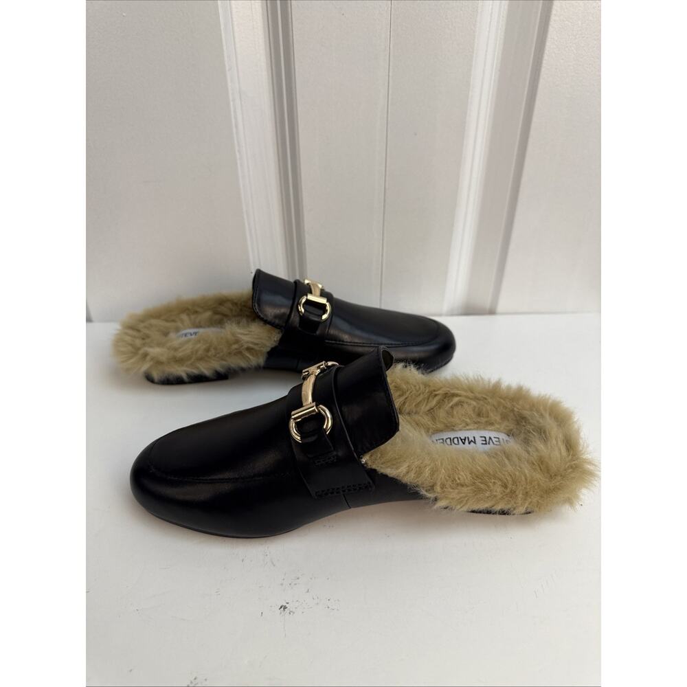 Steve Madden Women's Jill Black Leather Slides Fur Loafer Size 6.5 Shoe NWB - Picture 5 of 10